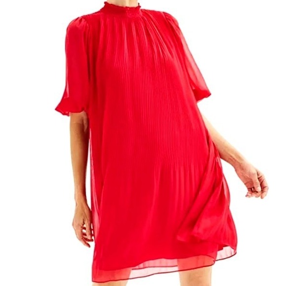 Nanette Lepore Dresses & Skirts - NANETTE LEPORE NWT Womens 4 Red Pleated Mock Neck Chiffon Lined Shift Mini Dress